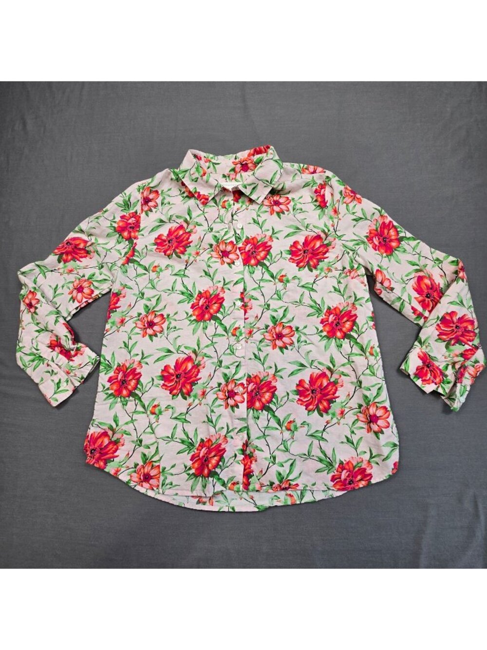 Charter Club PM Womens Button Up Shirt Pink Floral Linen Cotton Blend